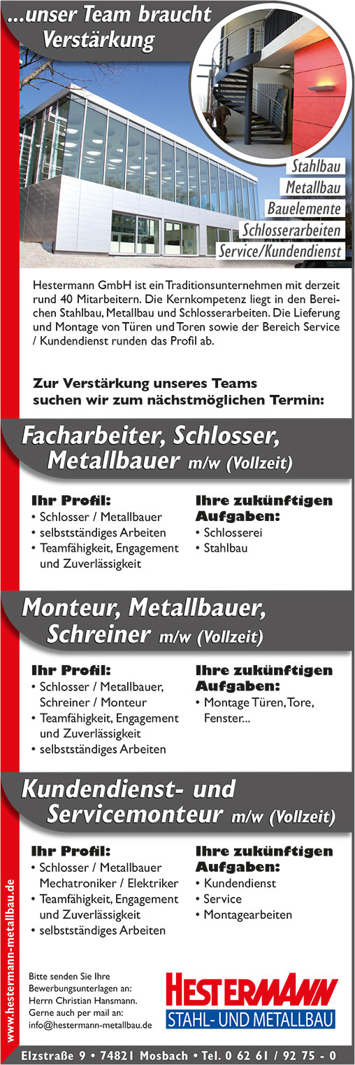 Werden Sie Teil von Hestermann Stahl- und Metallbau - wir suchen Facharbeiter, Schlosser, Metallbauer (m/w/d), Monteur, Metallbauer, Schreiner (m/w/d) und Kundendienst- und Servicemonteur (m/w/d)