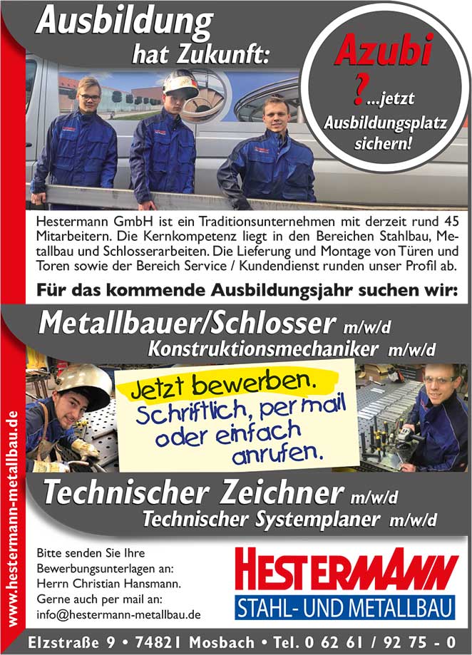 Ausbildung hat Zukunft: für das kommende Ausbildungsjahr suchen wir Metallbauer/Schlosser (Konstruktionsmechaniker) (m/w/d), Technischer Zeichner (Technischer Systemplaner) (m/w/d)